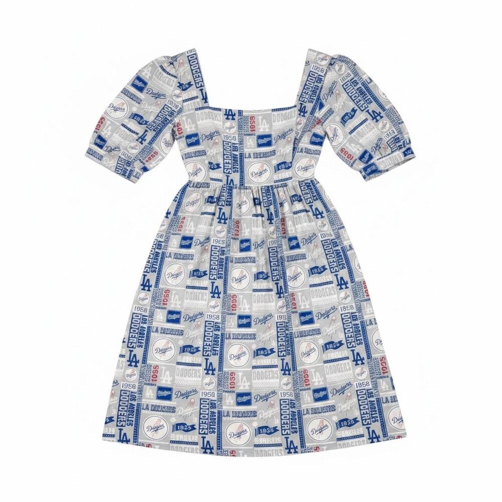 Handmade LA Dodgers Babydoll Mini Dress Large Puff Sleeve MLB Game Day Sports